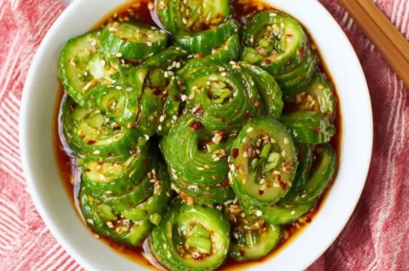 Bowl of fresh Asian cucumber salad with herbs and dressing