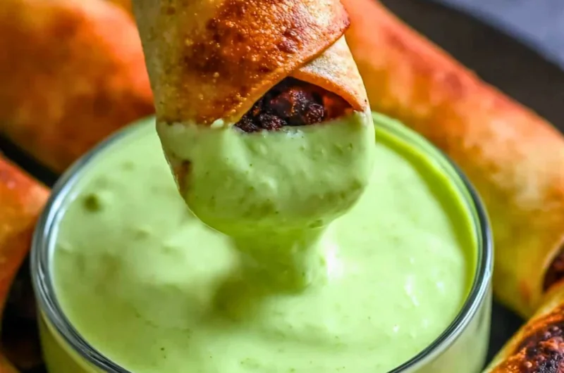 Baked black bean taquitos on a plate garnished with salsa and avocado
