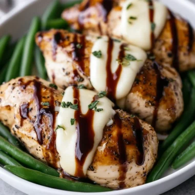Balsamic baked chicken breast with melted mozzarella cheese on top.