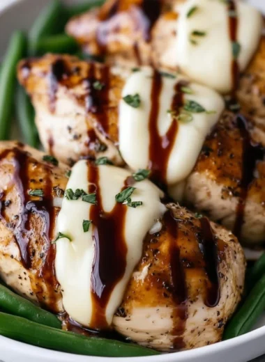 Balsamic baked chicken breast with melted mozzarella cheese on top.
