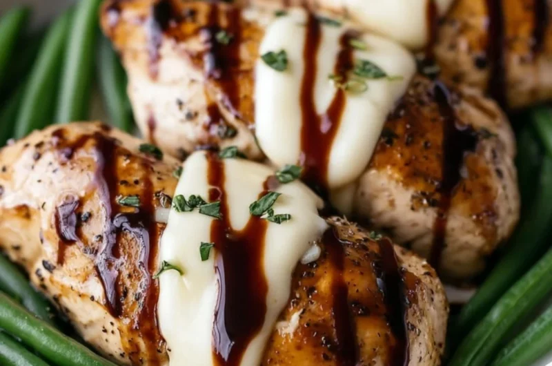 Balsamic baked chicken breast with melted mozzarella cheese on top.
