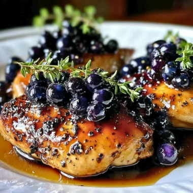 Plate of best-ever blueberry thyme chicken garnished with fresh herbs