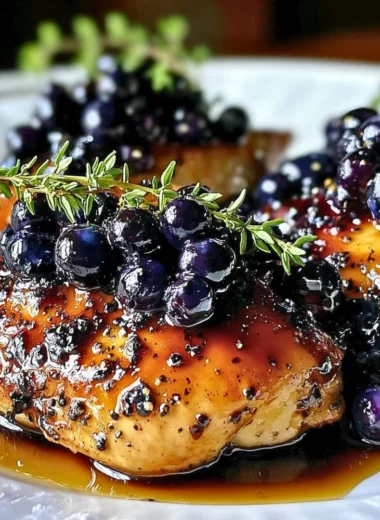 Plate of best-ever blueberry thyme chicken garnished with fresh herbs