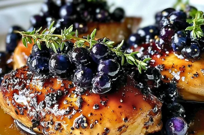 Plate of best-ever blueberry thyme chicken garnished with fresh herbs