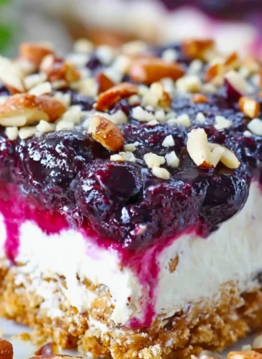 Delicious Blueberry Pretzel Salad with a mix of sweet blueberries and crunchy pretzels