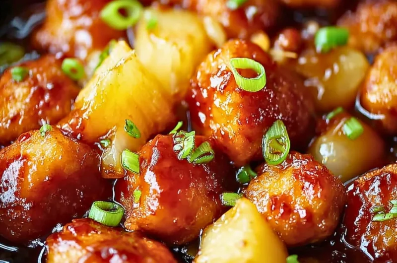 Plate of Brown Sugar Pineapple Chicken garnished with herbs.