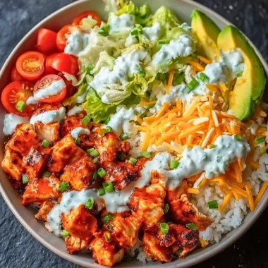 Delicious Buffalo Chicken Bowl with fresh vegetables and sauces