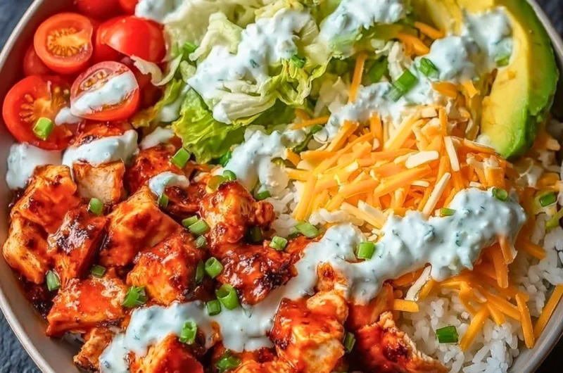 Delicious Buffalo Chicken Bowl with fresh vegetables and sauces