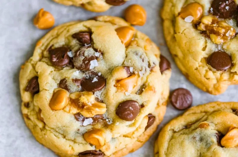 Homemade butterscotch chocolate chip cookies on a plate.