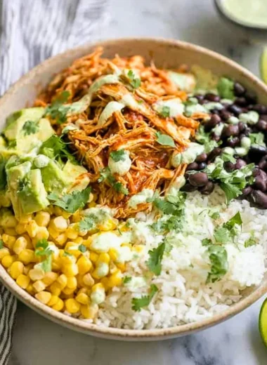 Delicious Chicken Burrito Bowl with fresh ingredients and vibrant colors.
