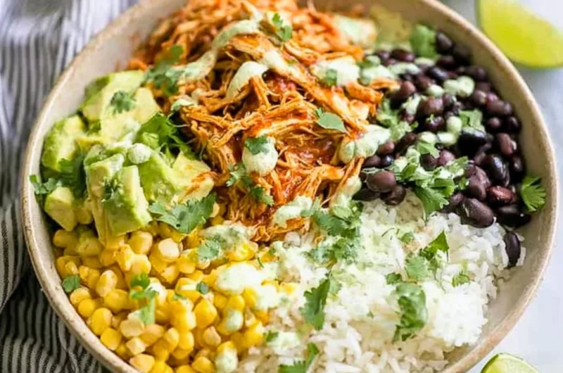 Delicious Chicken Burrito Bowl with fresh ingredients and vibrant colors.