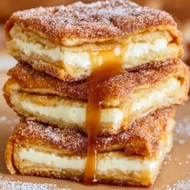 Delicious churro cheesecake topped with cinnamon sugar and drizzled with caramel.