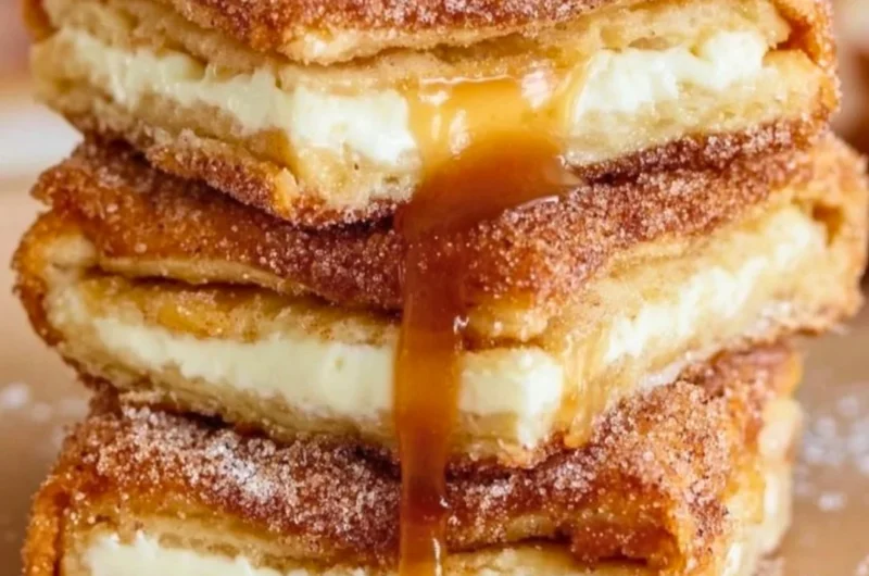 Delicious churro cheesecake topped with cinnamon sugar and drizzled with caramel.