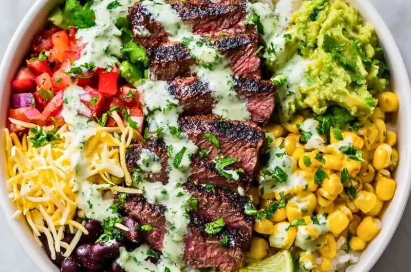 Cilantro lime steak bowl garnished with fresh cilantro and lime wedges