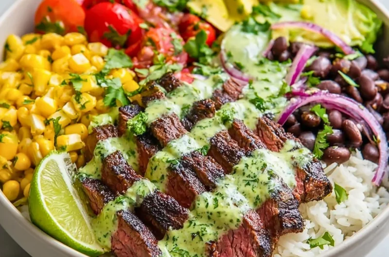 Cilantro lime steak bowls garnished with fresh vegetables and herbs