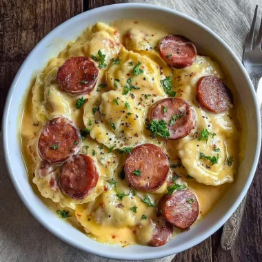 Delicious Crockpot Pierogi Casserole with Kielbasa served in a bowl
