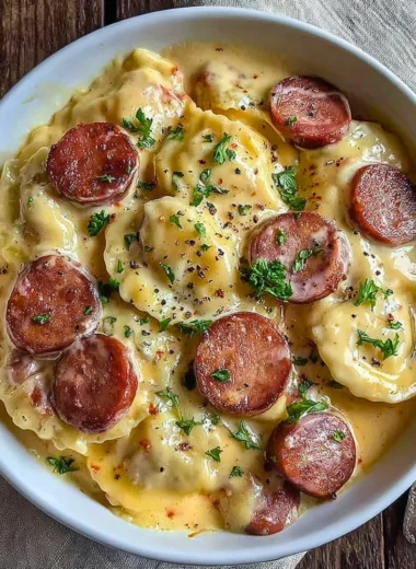 Delicious Crockpot Pierogi Casserole with Kielbasa served in a bowl