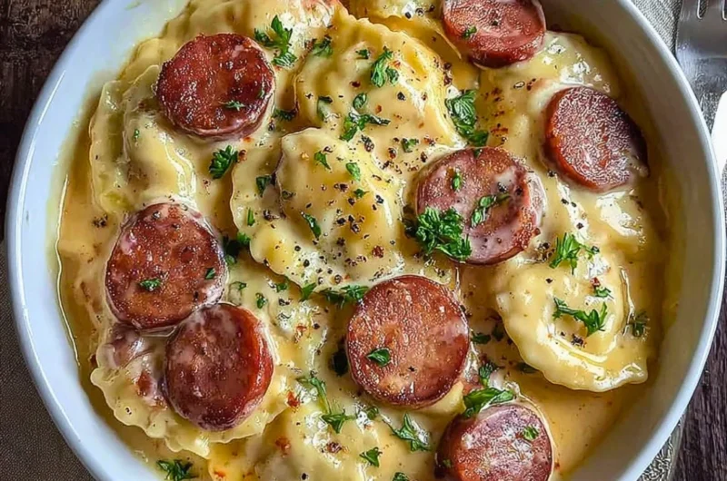 Delicious Crockpot Pierogi Casserole with Kielbasa served in a bowl