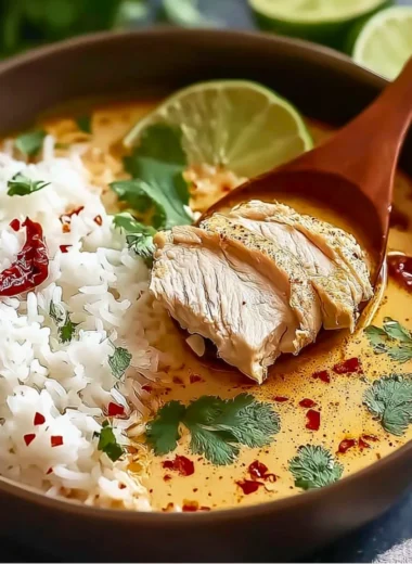 Bowl of Coconut Chicken Brothy Rice with herbs and spices