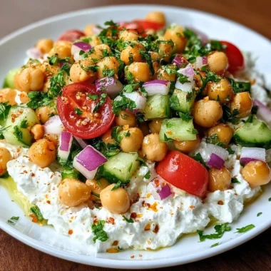 Cottage Cheese and Chickpeas Salad served in a bowl garnished with fresh herbs