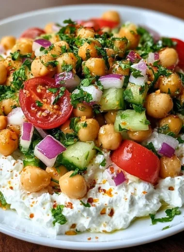 Cottage Cheese and Chickpeas Salad served in a bowl garnished with fresh herbs