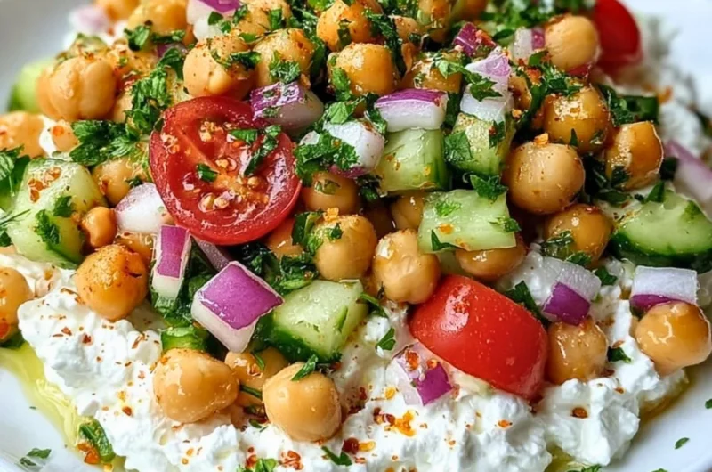 Cottage Cheese and Chickpeas Salad served in a bowl garnished with fresh herbs
