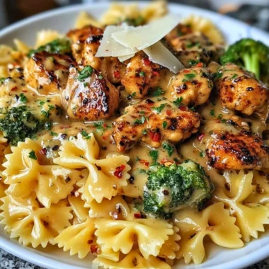 Delicious Cowboy Butter Lemon Bowtie Chicken featuring broccoli and spices.