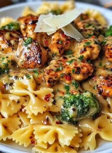 Delicious Cowboy Butter Lemon Bowtie Chicken featuring broccoli and spices.