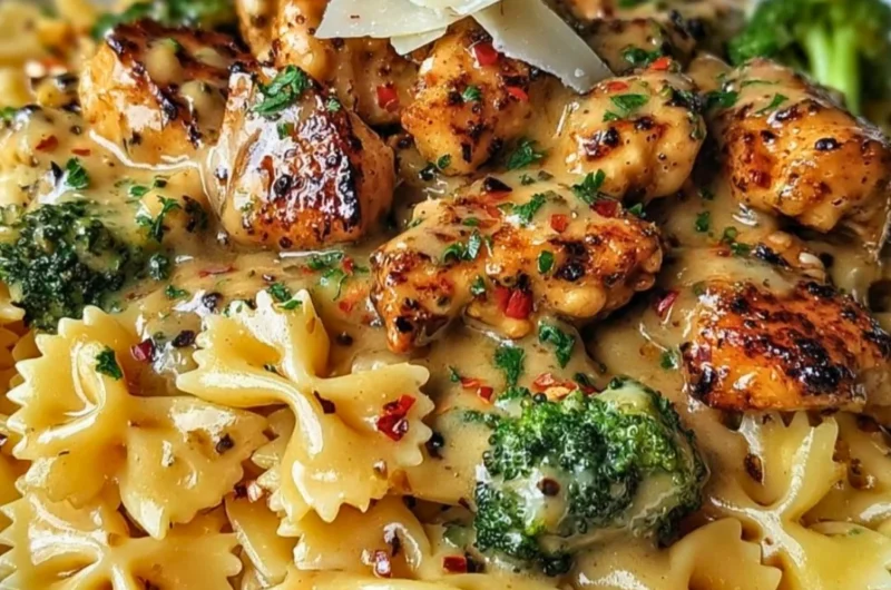 Delicious Cowboy Butter Lemon Bowtie Chicken featuring broccoli and spices.