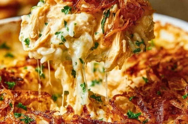 Creamy French onion chicken served over rice, garnished with herbs.