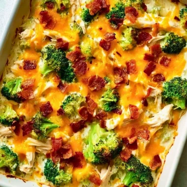 Creamy low carb chicken casserole baked with vegetables in a dish