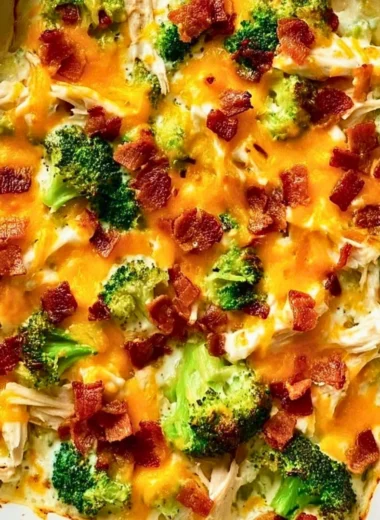 Creamy low carb chicken casserole baked with vegetables in a dish
