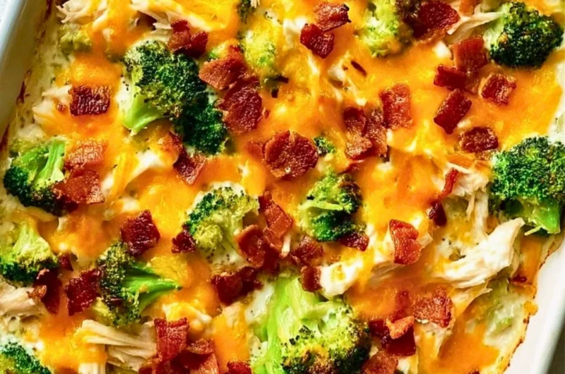 Creamy low carb chicken casserole baked with vegetables in a dish