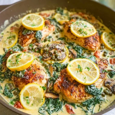 Creamy Mediterranean Chicken Skillet served on a plate with vibrant vegetables.