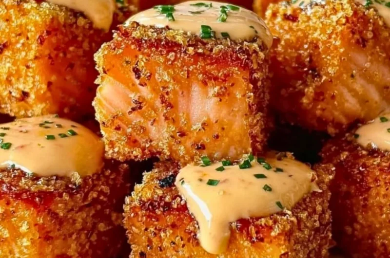 Crispy Bang Bang Salmon Bites served on a plate with dipping sauce
