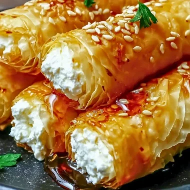 Delicious Crispy Feta Rolls served on a plate, drizzled with sauce.