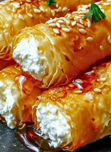 Delicious Crispy Feta Rolls served on a plate, drizzled with sauce.