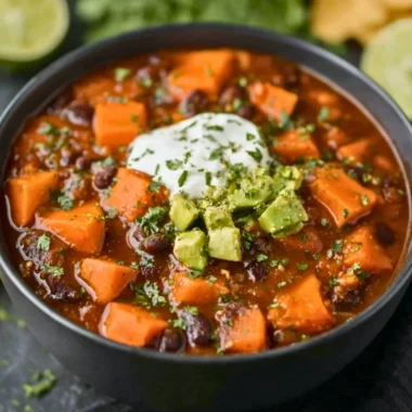 Crock Pot Sweet Potato Black Bean Chili in a bowl garnished with cilantro.