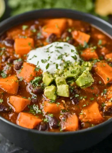 Crock Pot Sweet Potato Black Bean Chili in a bowl garnished with cilantro.