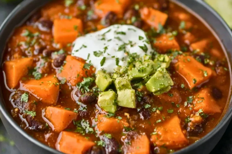 Crock Pot Sweet Potato Black Bean Chili in a bowl garnished with cilantro.