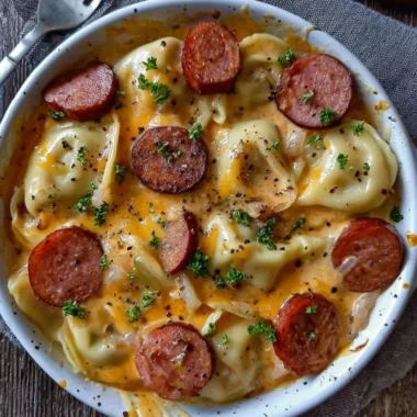 Crockpot Pierogi Casserole with Kielbasa served in a dish