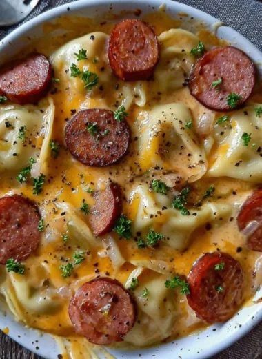 Crockpot Pierogi Casserole with Kielbasa served in a dish