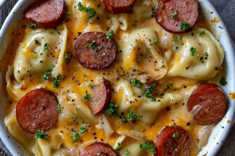 Crockpot Pierogi Casserole with Kielbasa served in a dish