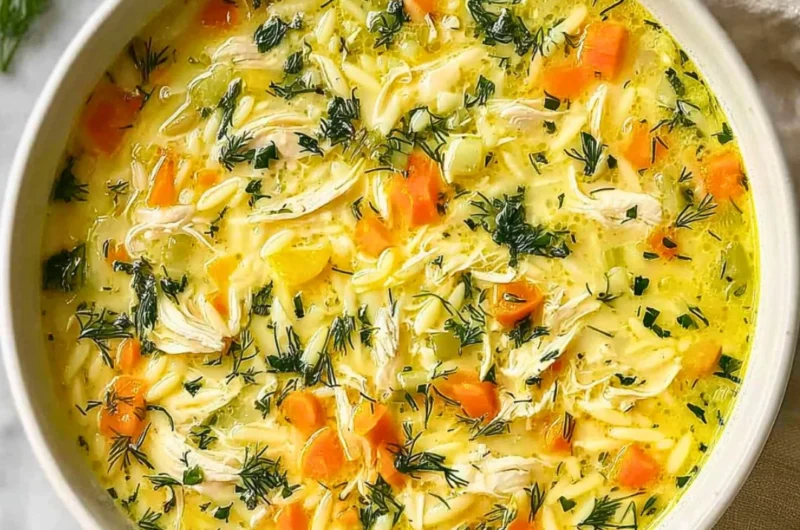 Bowl of delicious Greek Lemon Chicken Soup garnished with lemon and herbs.