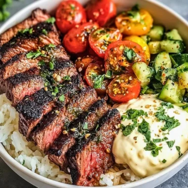 Mediterranean Steak Bowl with fresh vegetables and grilled steak