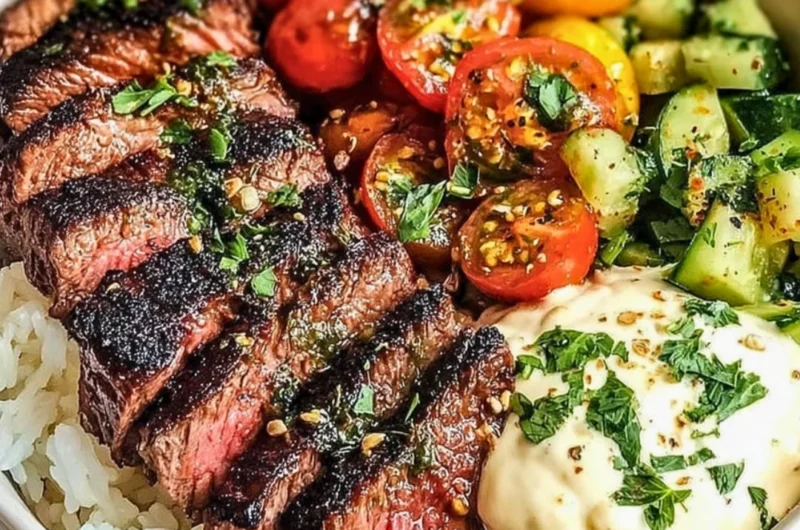 Mediterranean Steak Bowl with fresh vegetables and grilled steak