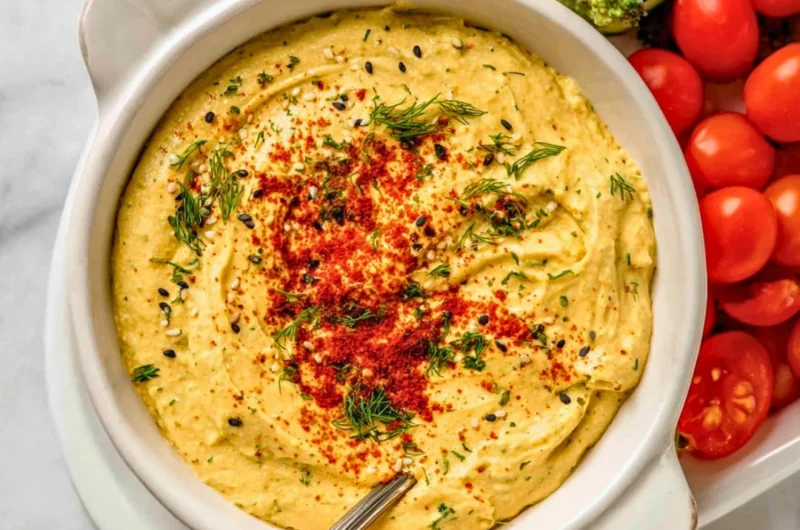 A bowl of creamy deviled egg dip garnished with herbs and served with crackers.