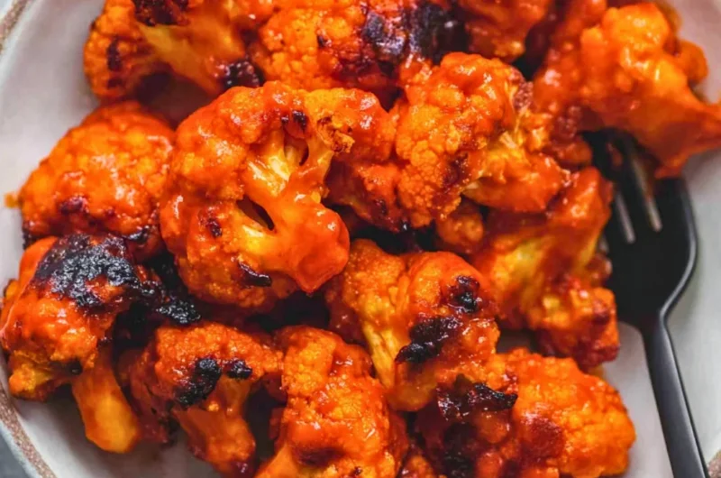 Bowl of easy buffalo cauliflower bites garnished with fresh herbs