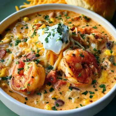 Creamy seafood chili with shrimp in a bowl, garnished with herbs.