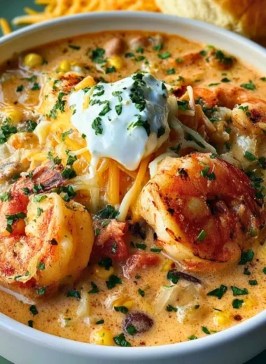 Creamy seafood chili with shrimp in a bowl, garnished with herbs.